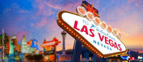 Welcome To Fabulous Las Vegas Sign With Beautiful City Lights at Sunset