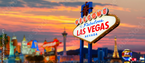 Photography Welcome To Fabulous Las Vegas Sign With Beautiful City Lights at Sunset