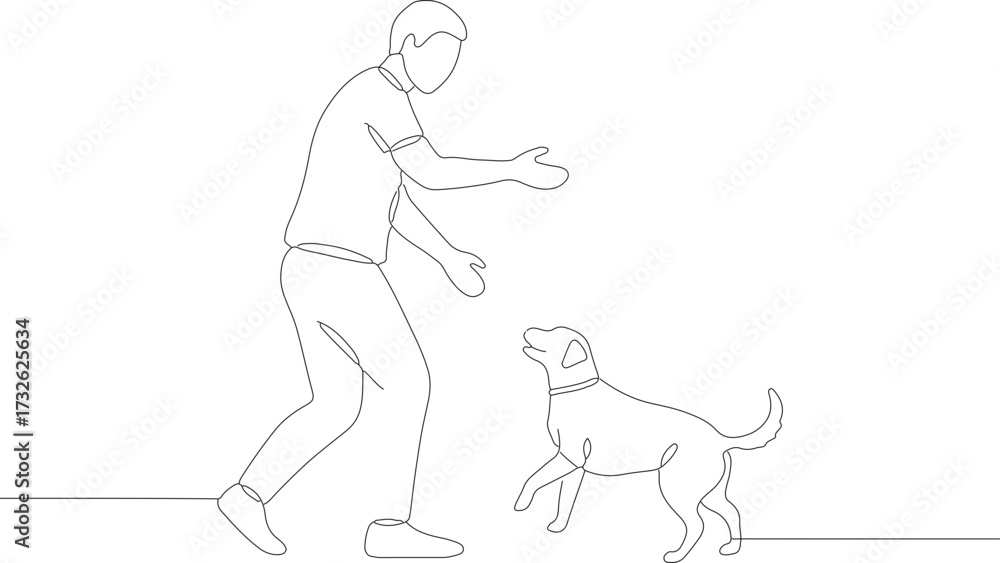 Fototapeta premium Minimalist Continuous Line Man Playing with Dog Pet Animal Illustration