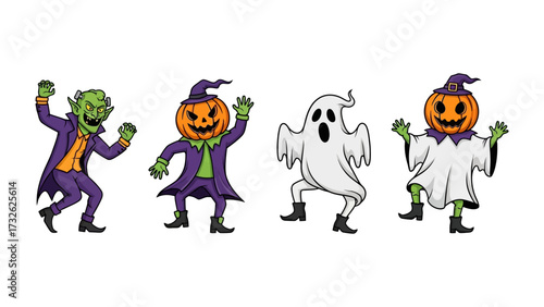 Spooky Squad: Embrace the whimsical side of Halloween with a delightful gathering of fantastical creatures and icons. A cheerful pumpkin, a ghostly apparition, and a gleeful goblin share a magical.