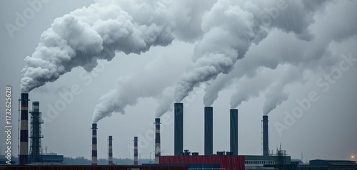 Thick industrial smoke and steam billow from factory chimneys on a rainy day,  cloudy,  global warming