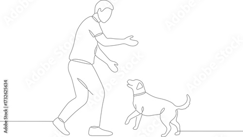 Minimalist Continuous Line Man Playing with Dog Pet Animal Illustration