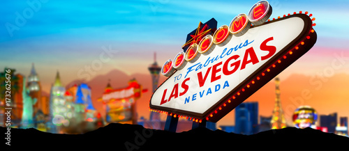 Welcome To Fabulous Las Vegas Sign With Beautiful City Lights at Sunset