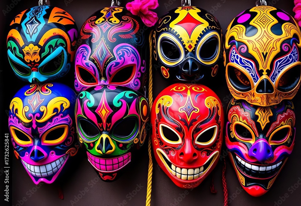 Naklejka premium Vibrant lucha libre masks in various colors & styles, wrestling mask, colorful
