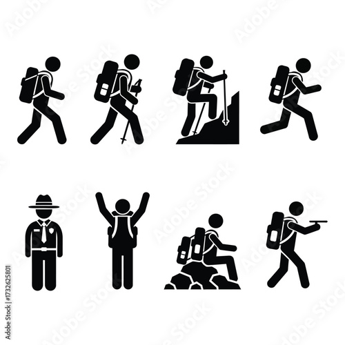 Silhouette figures of hikers and campers engaging in outdoor activities and adventures silhouette