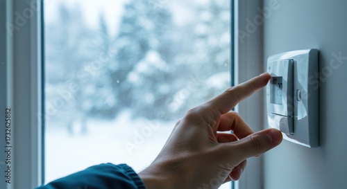 Turning on light switch with window view showcasing snowy weather outside. Using light switch to brighten interior with finger pressing control.