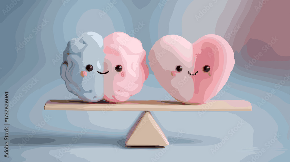 Fototapeta premium Two cartoon brains on a balance scale with a heart on the right. The cartoon brains are smiling and the heart is pink