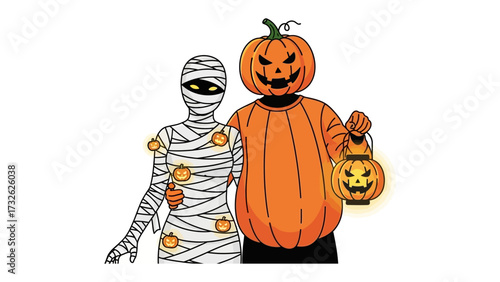 Spooky Couple: An eerie illustration of a mummy and a pumpkin-headed character standing together, emanating the spirit of Halloween.