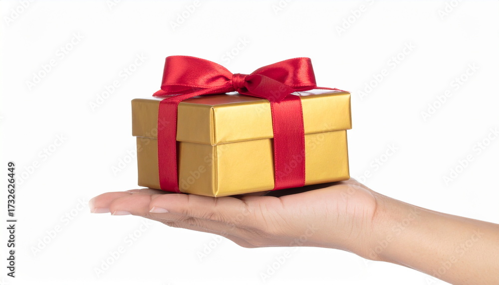 Obraz premium Hand Holding Gold Gift Box with Red Ribbon on White Background