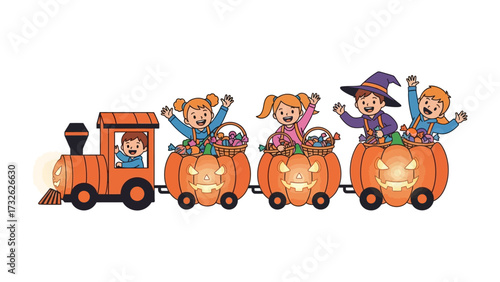 Halloween Train Ride: A delightful Halloween illustration features kids joyfully riding a pumpkin-themed train, ready to celebrate the spirit of Halloween.