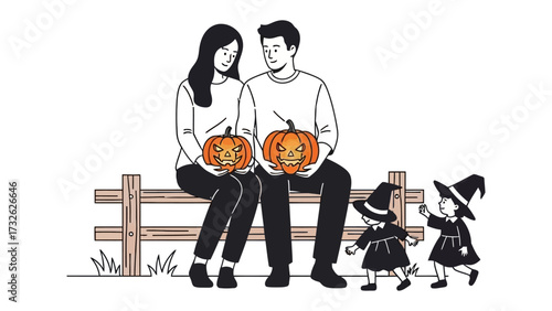 Halloween Family: An illustrative scene of a family of four, dressed in their costumes, ready for their Halloween adventure, while holding Halloween pumpkins. 