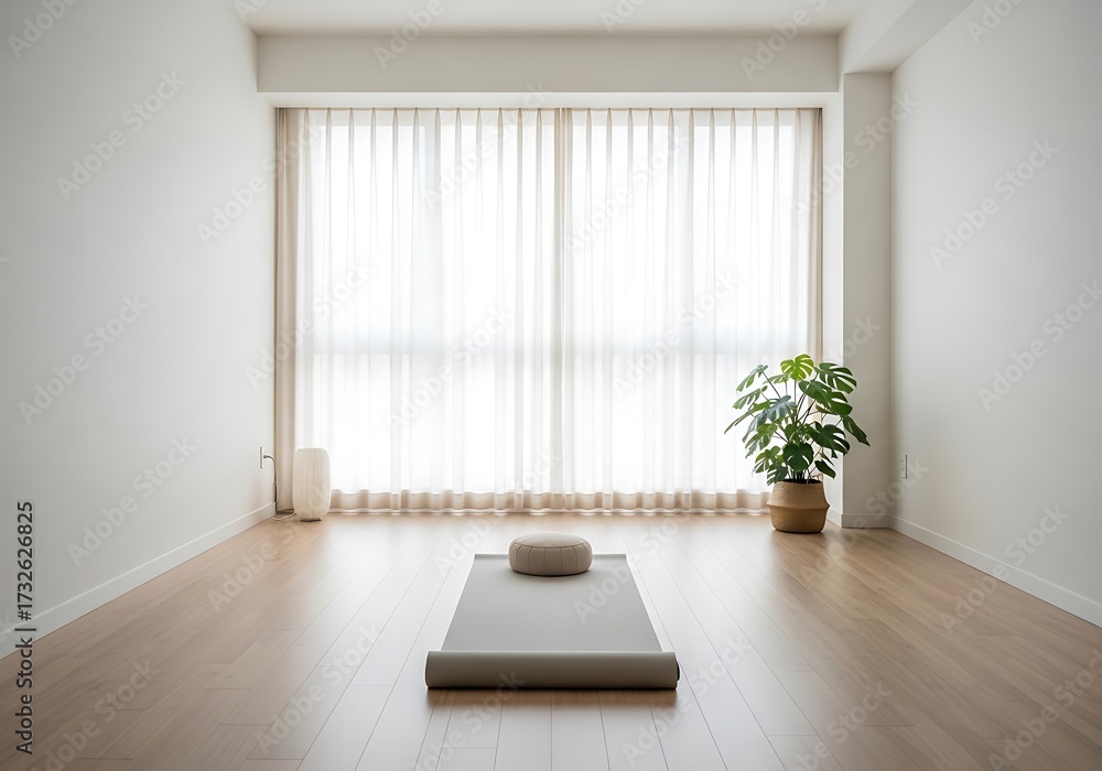 Fototapeta premium Zen sanctuary, minimalist yoga space with natural light and plant accent