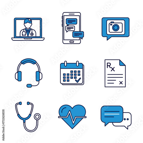 Digital health and telehealth service icon collection for online medical consultation and virtual doctor support