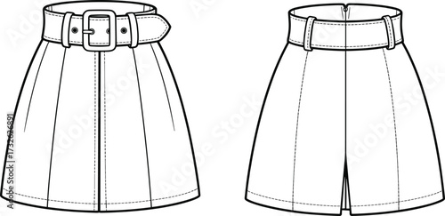 Technical fashion sketch of pleated skirt with belt, front and back view, garment construction drawing, high‑waist design illustration artwork