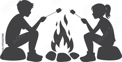 Children silhouettes roasting marshmallows over a campfire at night