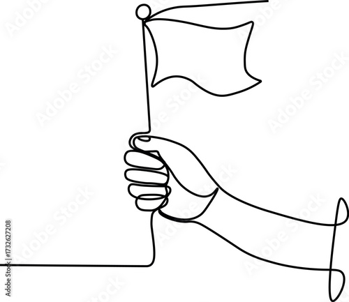 Continuous one line drawing man holding flag