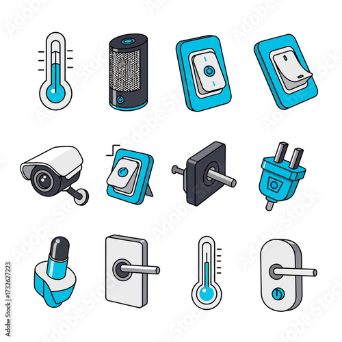 Comprehensive collection of isometric line icons illustrating smart home automation, internet of things, and advanced household technology for modern living and intelligent control systems