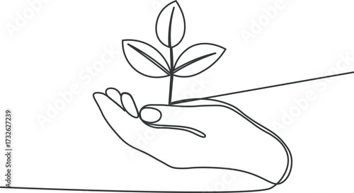 Environment conservation icon in continuous line art drawing style. Plant in human hand as a symbol of nature protection and eco friendly consumption black linear design isolated on white background