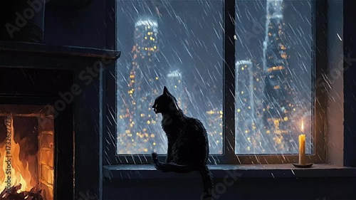 Black cat watches rain from window in apartment