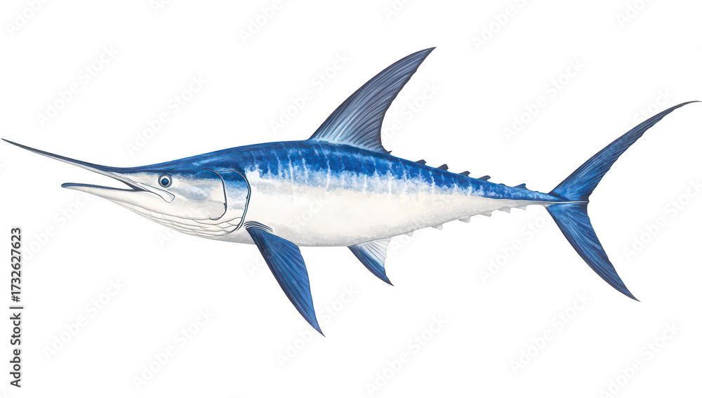 Fototapeta premium A detailed illustration of a marlin fish its sleek body. sharp bill. and blue coloration. swimming gracefully in a clear ocean environment with sunlight filtering through the water