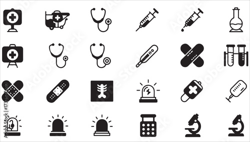 The vector set of medical icons provides essential symbols for health and medicine web design and business illustration