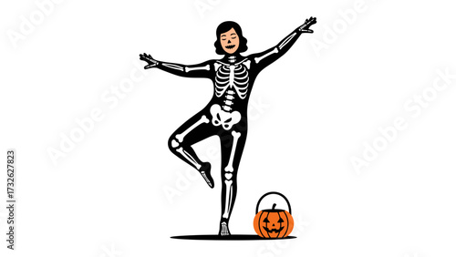 Spooky Skeleton Costume: A figure in a striking skeleton costume joyfully balances, perfectly capturing the thrill of a Halloween costume party!