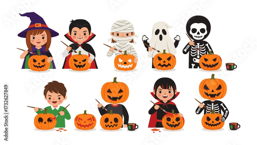 Spooky Halloween Character Ensemble: A vibrant group of dressed-up children, each embodying a classic Halloween persona, stand proudly beside their carved jack-o'-lanterns.