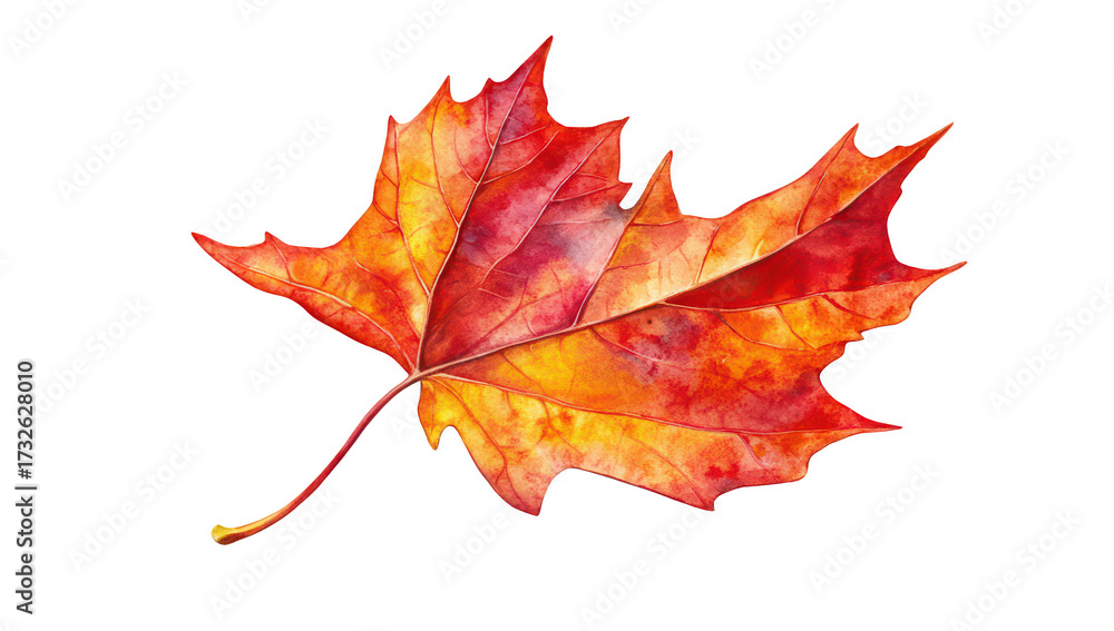 Obraz premium A autumn maple leaf brilliant shades of red. orange. and yellow. resting against a clean white background. perfect for seasonal decor or nature-themed projects