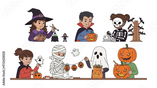 Spooky Halloween Characters: A whimsical gathering of costumed figures preparing for Halloween festivities. Witch, vampire, skeleton, kid, mummy, ghost, pumpkin, trick or treat.