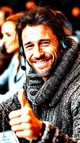 Man in cozy sweater giving thumbs up at call center during busy work hours - High Contrast