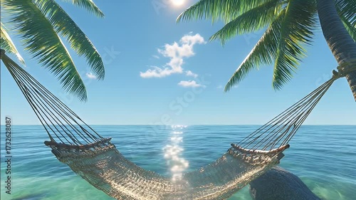 Hammock sways gently between palm trees, ocean gleaming beneath a clear sky with a sunbeam glinting on the water