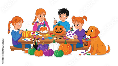 Pumpkins Craft Time: Young children and a dog gather for a fun-filled crafting session. As they transform pumpkins into unique and festive decorations.