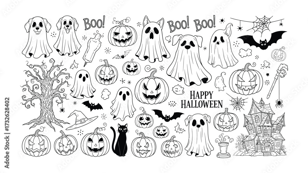 Fototapeta premium Spooky Halloween Doodle: An array of hand-drawn Halloween elements, including ghosts, pumpkins, bats, and other spooky objects, creating a charming monochrome aesthetic.