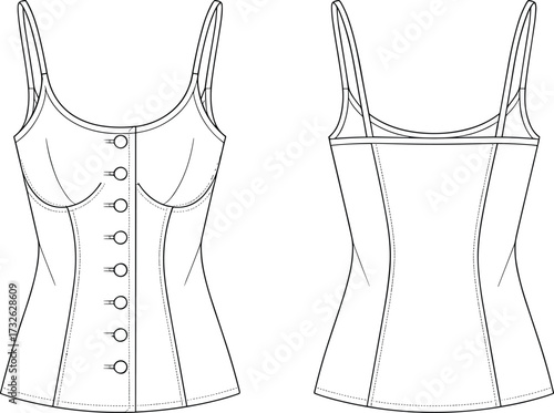 Women’s fitted top fashion illustration, technical flat sketch, front and back view, scoop neckline, thin straps, button-down closure, princess seams, garment design