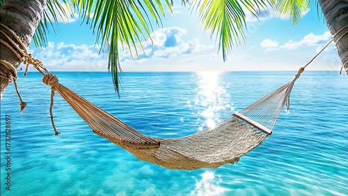 Hammock is tied to palms overlooking turquoise water and bright sky with light reflecting off the sea