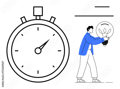 Man holding a light bulb beside a stopwatch, symbolizing time management, innovation, creativity, ideas, planning, productivity, and efficiency. Ideal for business motivation and personal growth