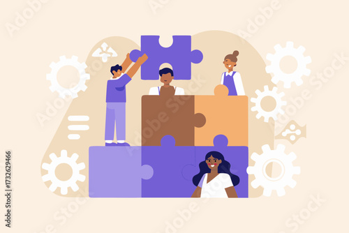 Diverse team collaborating to build a successful project by fitting puzzle pieces together with gears symbolizing teamwork and progress