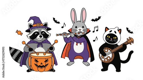 Halloween Animal Band: A whimsical scene features a raccoon drumming, a rabbit playing the flute, and a cat strumming the banjo, forming a spirited Halloween ensemble.
