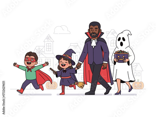 Happy Halloween: A heartwarming illustration depicts a family enjoying a whimsical Halloween celebration, each member adorned in charming costumes.