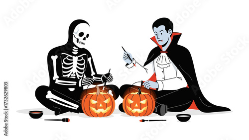 Spooky Night Crafting: A skeleton and a vampire meticulously carve illuminated jack-o'-lanterns in preparation for a festive Halloween night, celebrating the spooky season.