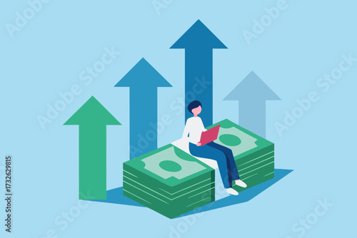 Person sitting on stack of money using laptop with upward trending arrows indicating financial growth and success