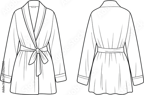 Women’s robe fashion illustration, technical flat sketch, front and back view, shawl collar, tie belt, long sleeves, garment design, sewing pattern