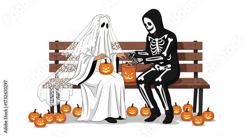Spooky Halloween Treat Exchange: A spectral ghost and a bone-chilling skeleton share a Halloween treat on a wooden bench amid glowing jack-o'-lanterns, celebrating the fun of the holiday.