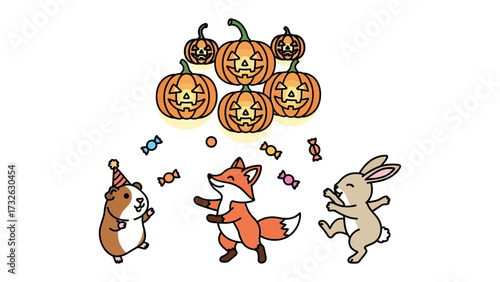 Enchanted Halloween Gathering: A lively ensemble of woodland creatures, complete with a charming guinea pig, a playful fox, and a nimble rabbit, joyfully celebrate beneath a pumpkin spectacle.