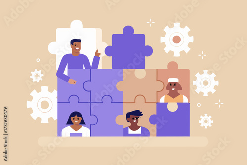 Diverse team members connecting like puzzle pieces in a collaborative business strategy concept illustration
