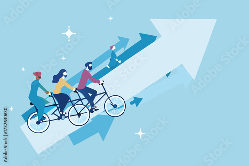 Diverse team riding a tandem bicycle together moving upwards on a blue arrow symbolizing growth and success