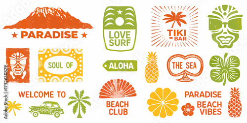 Collection of hawaiian and tropical themed graphic elements with a distressed vintage style