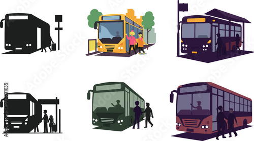 PrintBus stop illustration, public transportation vector, passengers waiting, people boarding bus, daily commute scene, urban travel design, colorful city transport artwork