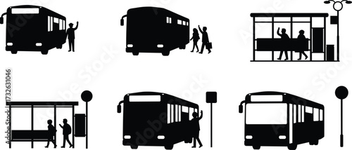 PrintBus stop silhouette, public transport vector, passengers waiting, people boarding bus, urban commute design, black illustration, city travel, transportation graphic artwork