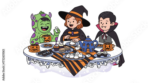 Halloween Tea Party Delights: Youngsters in playful costumes gather around a table adorned with treats, a delightful scene capturing the festive spirit of Halloween celebration.